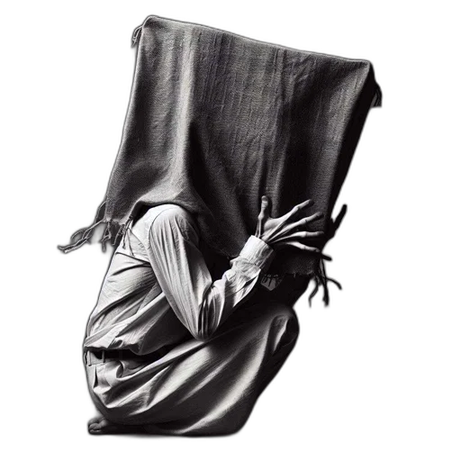 jacket, mask, dress, face, figure, kneeling, position, obscured transparent PNG cut-out