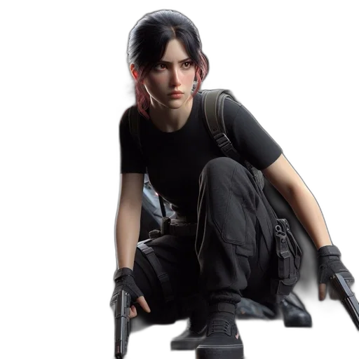 weapon, jacket, concept art, 3d render, photorealistic, cyberpunk, female, character transparent PNG cut-out