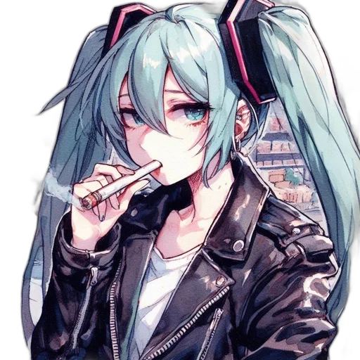 jacket, staff, weapon, face, anime, cyberpunk, vaporwave, pixel art transparent PNG cut-out