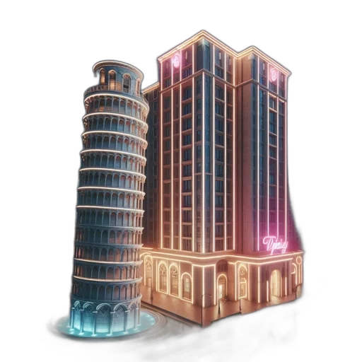 building, 3d render, concept art, vaporwave, photorealistic, illuminated, miniature, leaning transparent PNG cut-out