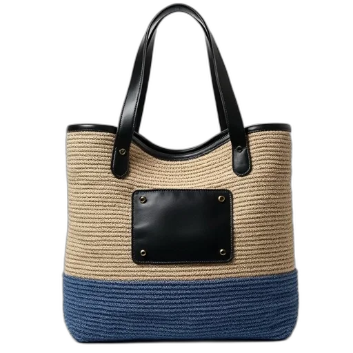 blue, beige, woven, tote, bag, black, leather, strap transparent PNG cut-out