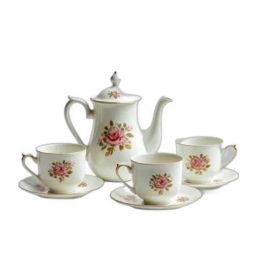 photorealistic, 3d render, delicate, porcelain, tea, set, floral, pattern transparent PNG cut-out