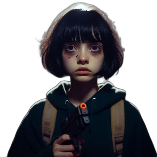 jacket, face, robot, weapon, concept art, photorealistic, cyberpunk, 3d render transparent PNG cut-out