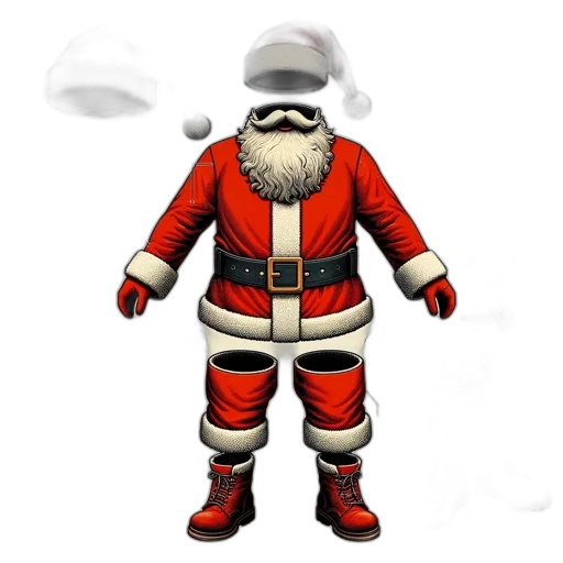 3d render, concept art, pixel art, illustrated, breakdown, santa, clothing, shown transparent PNG cut-out