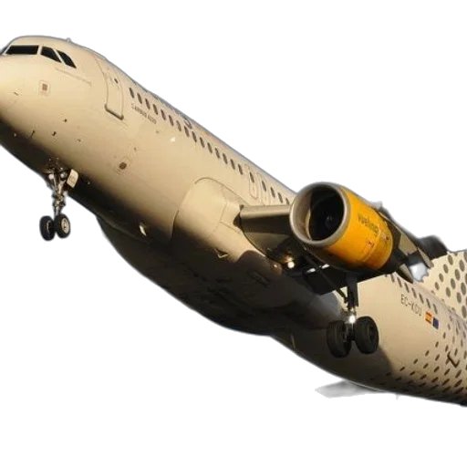 3d render, photorealistic, golden, vueling, airlines, airplane, captured, mid-flight transparent PNG cut-out