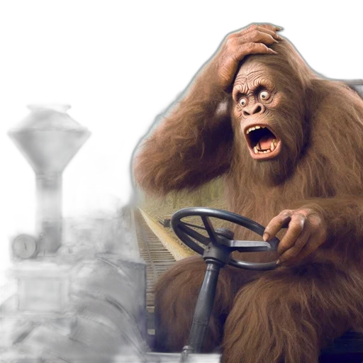 photorealistic, concept art, bigfoot, aboard, old, locomotive, navigating, rolling transparent PNG cut-out