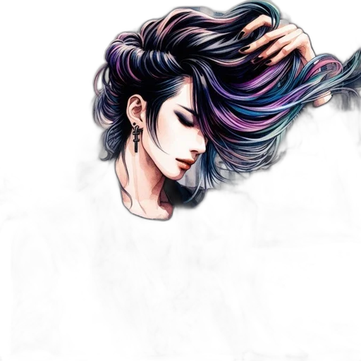 hair, watercolor, photorealistic, fantasy art, anime, pastel, dark, colorful transparent PNG cut-out