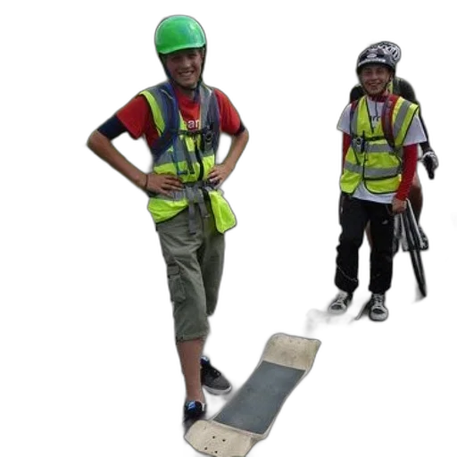 staff, 3d render, concept art, two, children, wearing, safety, vests transparent PNG cut-out