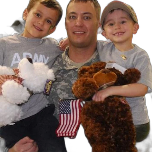 man, military, uniform, holds, two, children, one, wearing transparent PNG cut-out