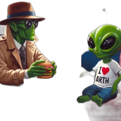 concept art, 3d render, outer space, two, aliens, sit, diner, one transparent PNG cut-out