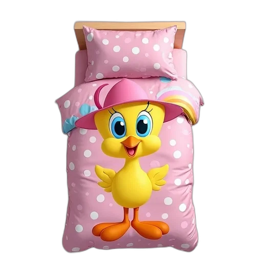 dress, 3d render, pink, children, bedspread, cartoon, character, yellow transparent PNG cut-out