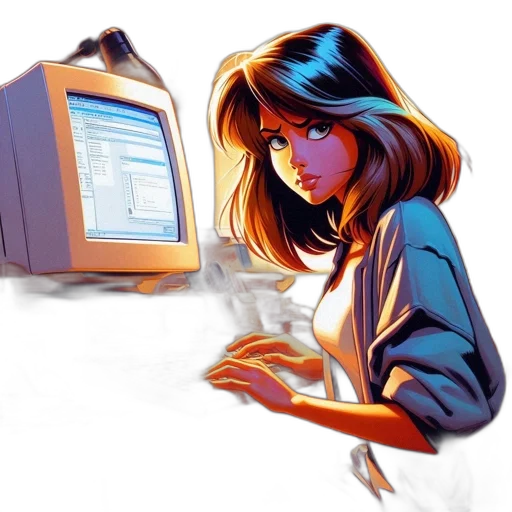 robot, comic book art, vaporwave, concept art, cyberpunk, neon lights, woman, brown transparent PNG cut-out