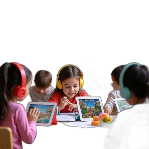 3d render, classroom, scene, children, sitting, desks, each, holding transparent PNG cut-out