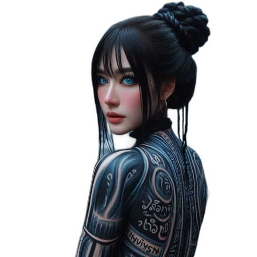 robot, dress, face, fantasy art, cyberpunk, concept art, photorealistic, blue transparent PNG cut-out