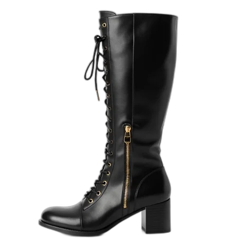 shoes, black, leather, boot, lace-up, front, tall, shaft transparent PNG cut-out