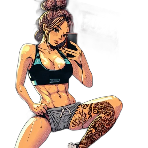 comic book art, cartoon, concept art, cyberpunk, animated, woman, gym, sporting transparent PNG cut-out