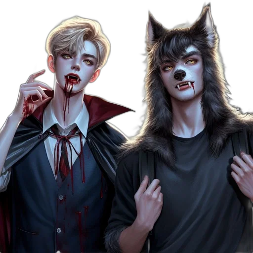 concept art, fantasy art, comic book art, anime, dark, two, characters, one transparent PNG cut-out
