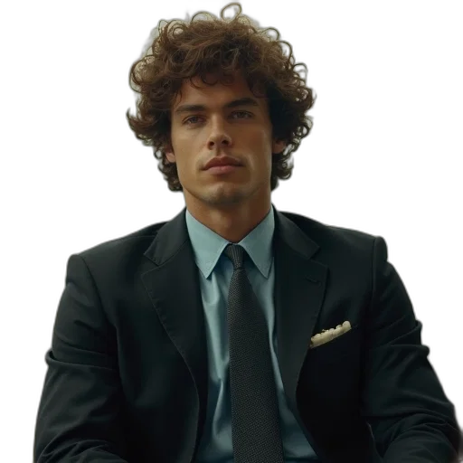 staff, jacket, face, hair, photorealistic, man, curly, wearing transparent PNG cut-out