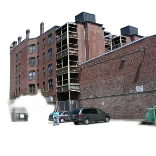 building, car, 3d render, concept art, photorealistic, city street, brick, balconies transparent PNG cut-out