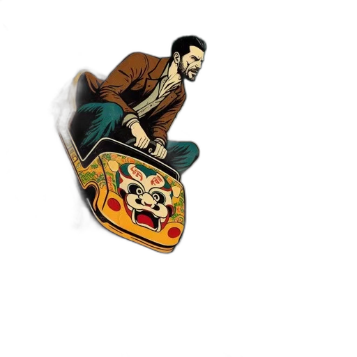 jacket, comic book art, cartoon, concept art, 3d render, man, rides, wooden transparent PNG cut-out