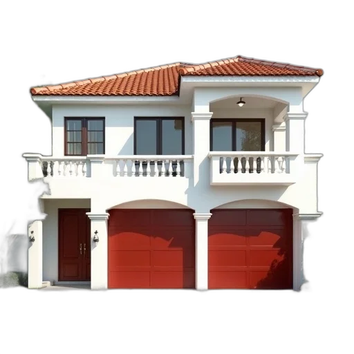 building, 3d render, photorealistic, red, two-story, house, white, facade transparent PNG cut-out