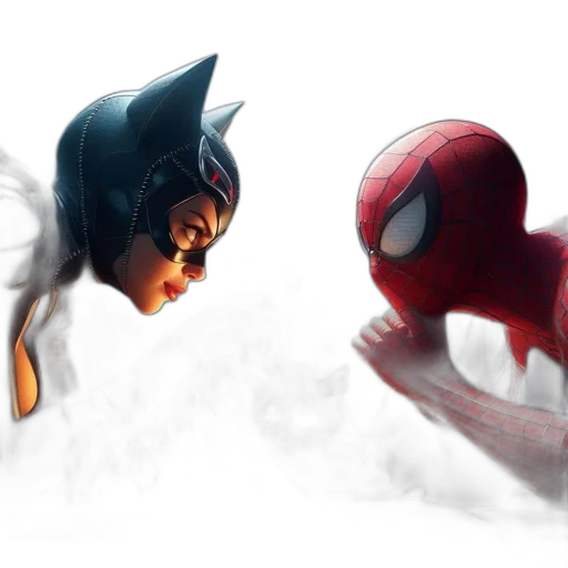mask, concept art, comic book art, 3d render, fantasy art, fog, catwoman, spider-man transparent PNG cut-out