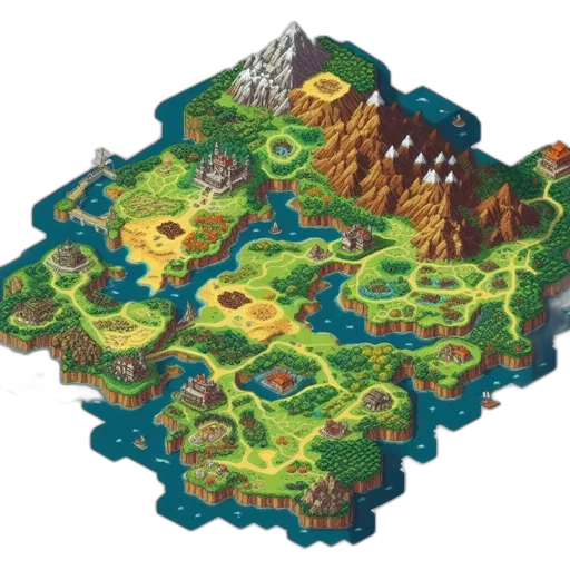 pixel art, concept art, 3d render, fantasy art, vivid, isometric, map, portrays transparent PNG cut-out