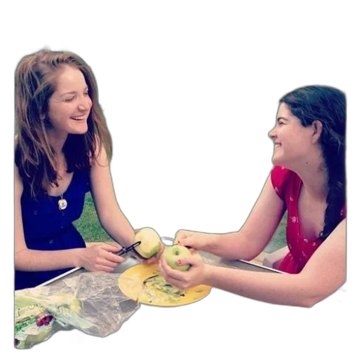 food, jewelry, two, women, sit, table, apples, banana transparent PNG cut-out
