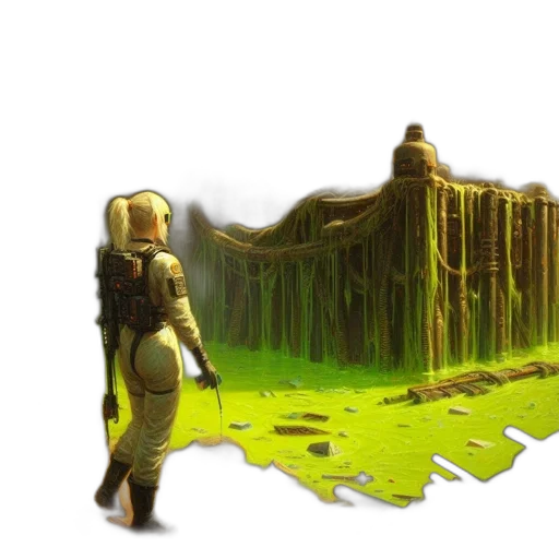 robot, concept art, pixel art, fantasy art, 3d render, fog, outer space, forest transparent PNG cut-out