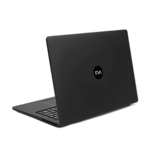 3d render, dark, sleek, black, laptop, silver, logo, lid transparent PNG cut-out