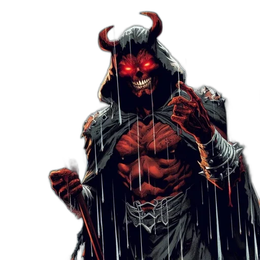 comic book art, concept art, fantasy art, red, torrential, rain, imposing, figure transparent PNG cut-out