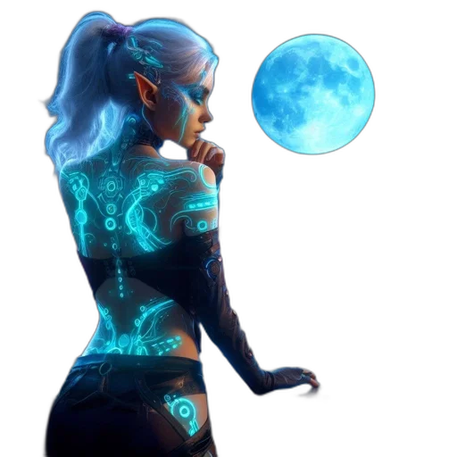 robot, concept art, fantasy art, cyberpunk, pixel art, neon lights, outer space, blue transparent PNG cut-out