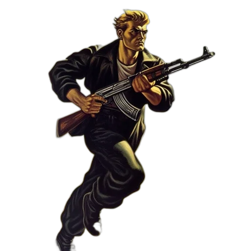 weapon, staff, jacket, concept art, comic book art, pixel art, cartoon, determined transparent PNG cut-out
