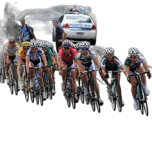 car, group, cyclists, ride, down, street, front, police transparent PNG cut-out