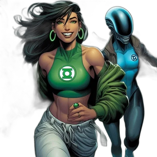 comic book art, concept art, green, two, protagonists, one, female, lantern transparent PNG cut-out