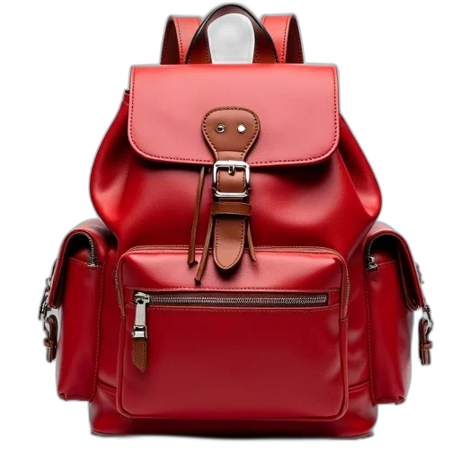 3d render, red, leather, backpack, front, zipper, pocket, two transparent PNG cut-out