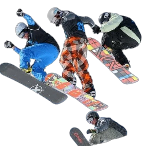four, snowboarders, mid-air, one, wearing, orange, black, checkered transparent PNG cut-out
