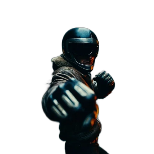 jacket, weapon, robot, mask, 3d render, concept art, comic book art, cyberpunk transparent PNG cut-out