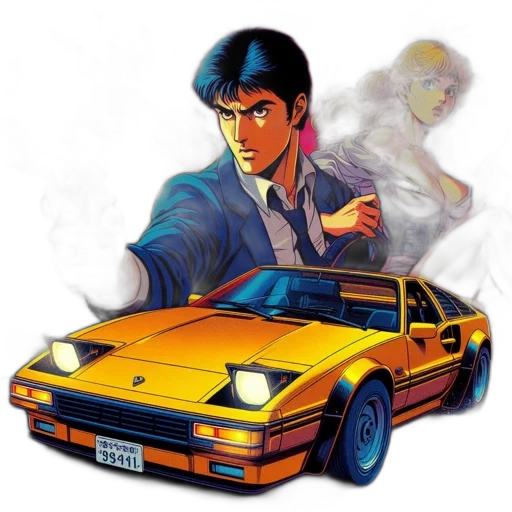 car, concept art, comic book art, anime, vaporwave, man, woman, guns transparent PNG cut-out