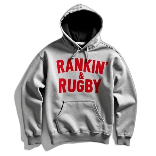 jacket, 3d render, grey, hoodie, text, rankin, rugby, red transparent PNG cut-out