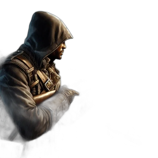 jacket, weapon, sword, concept art, photorealistic, fantasy art, 3d render, hooded transparent PNG cut-out