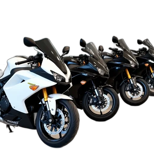 row, four, motorcycles, parked, showroom, first, motorcycle, white transparent PNG cut-out