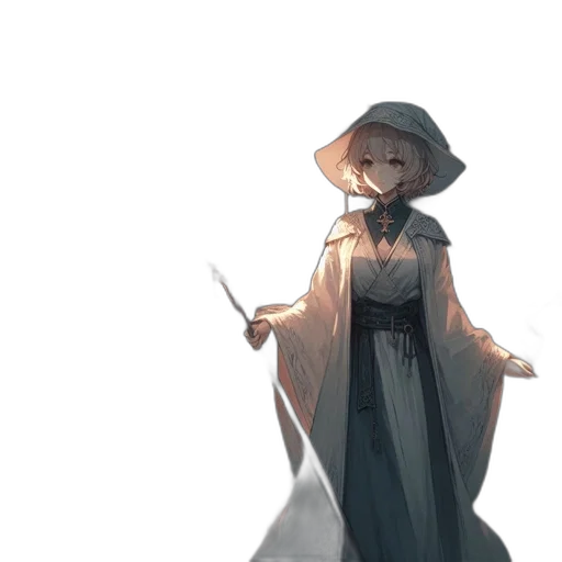 staff, dress, hat, sword, concept art, fantasy art, anime, watercolor transparent PNG cut-out