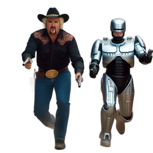 robot, concept art, comic book art, 3d render, cowboy, distinctive, outfit, runs transparent PNG cut-out