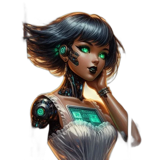 dress, robot, face, jewelry, fantasy art, concept art, cyberpunk, pixel art transparent PNG cut-out