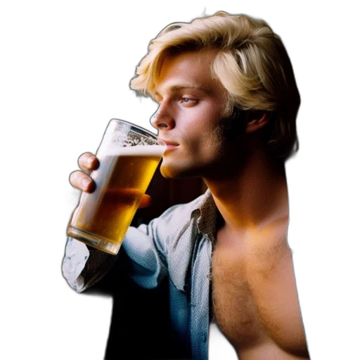 jacket, photorealistic, individual, blond, locks, sips, beer, vintage transparent PNG cut-out