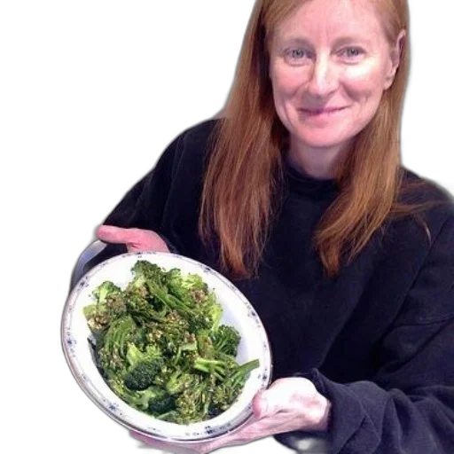 food, staff, woman, black, sweater, holds, plate, broccoli transparent PNG cut-out