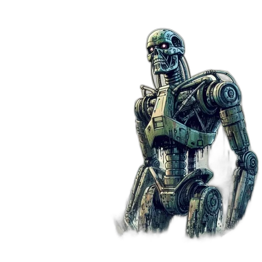 robot, concept art, 3d render, comic book art, photorealistic, post-apocalyptic, scene, features transparent PNG cut-out