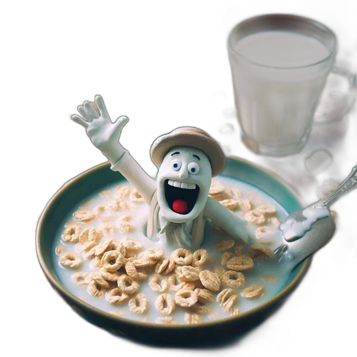 food, robot, creature, 3d render, breakfast, scene, features, cereal-drowned transparent PNG cut-out