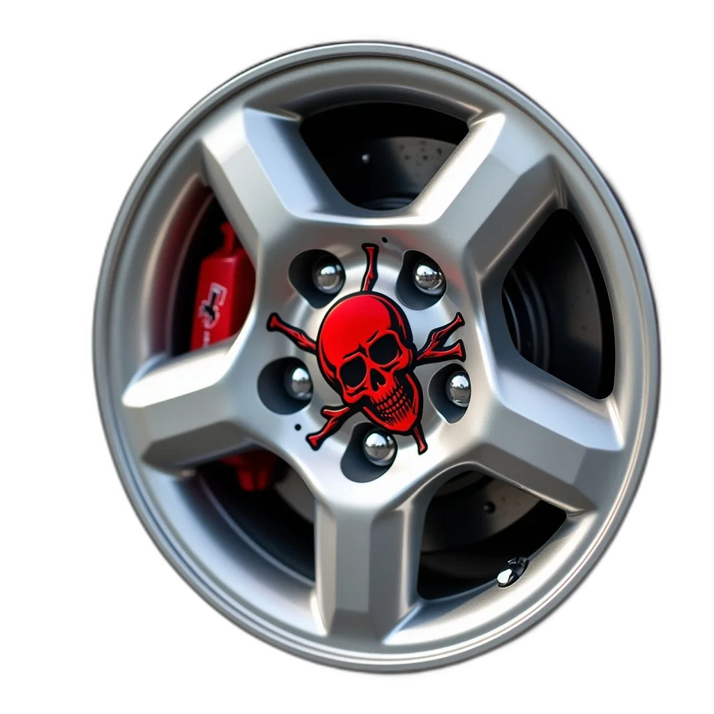 car, 3d render, photorealistic, close-up, tire, silver, rim, red transparent PNG cut-out